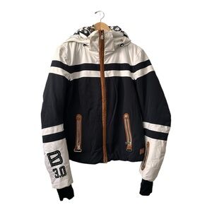 Bogner Black and White Chestnut Suede Trim Subtle Crystal Hooded Ski Jacket